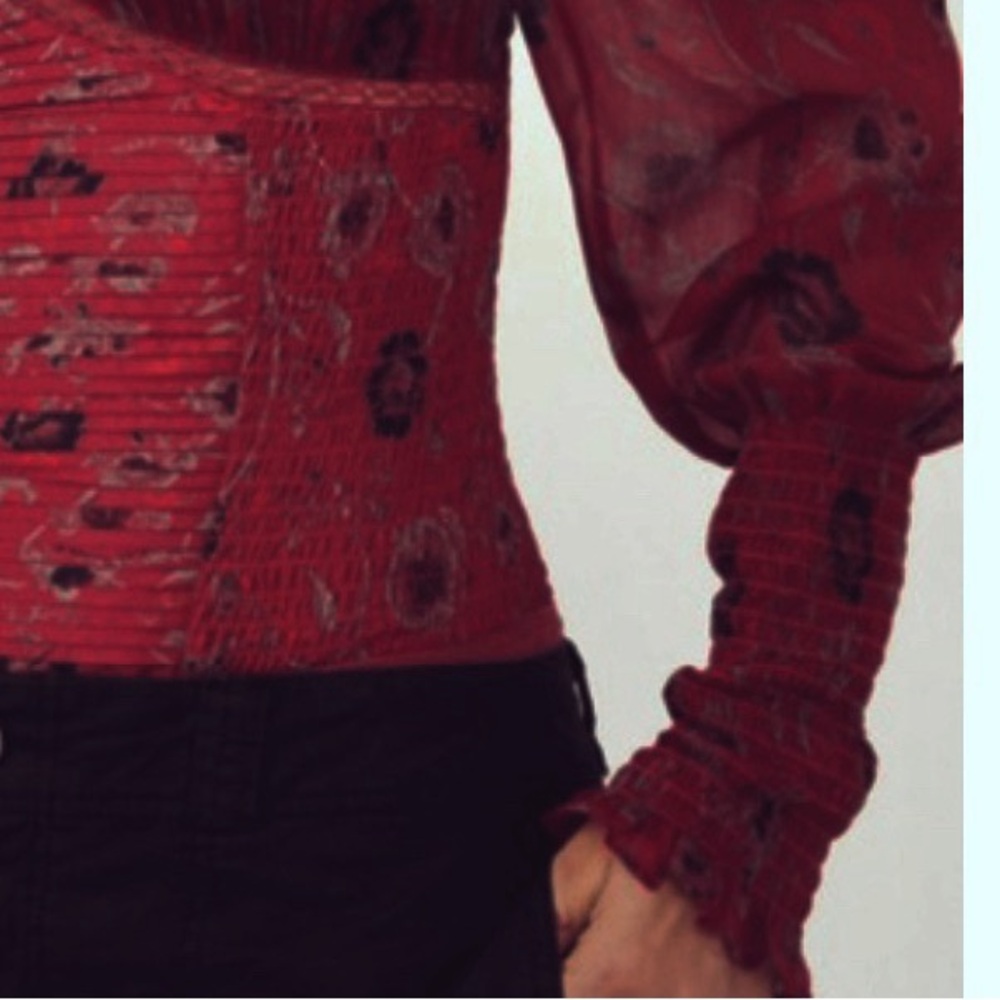 FREE PEOPLE BRUNCH DATE FLORAL PUFF SLEEVE BODYSUIT MERLOT XS - Picture 3 of 7